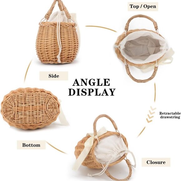 Natural Wicker Handbag Rattan Woven Basket Purse Straw Beach Tote for Women - Picture 3 of 8